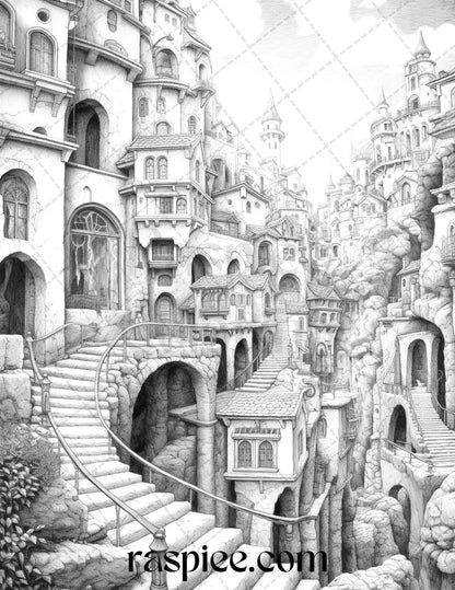 40 Fantasy Village Grayscale Coloring Pages Printable for Adults, PDF File Instant Download