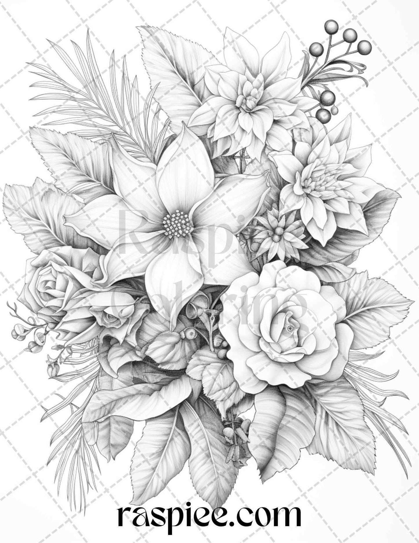 45 Christmas Flowers Grayscale Coloring Pages Printable for Adults, PDF File Instant Download