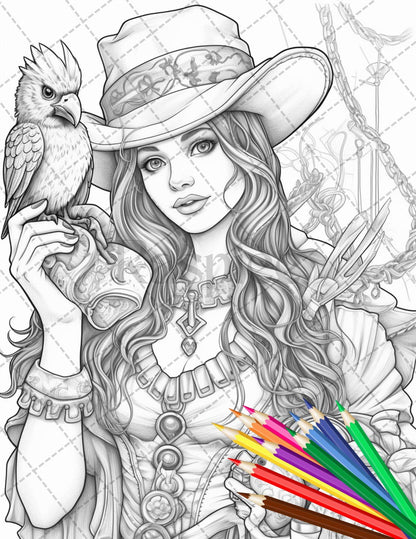 48 Beautiful Pirate Princess Coloring Book Printable for Adults, Grayscale Coloring Page, PDF File Instant Download