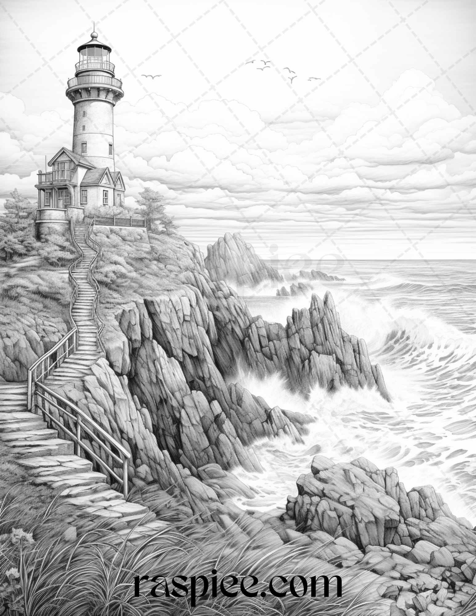 40 Majestic Lighthouses Grayscale Coloring Pages Printable for Adults, PDF File Instant Download