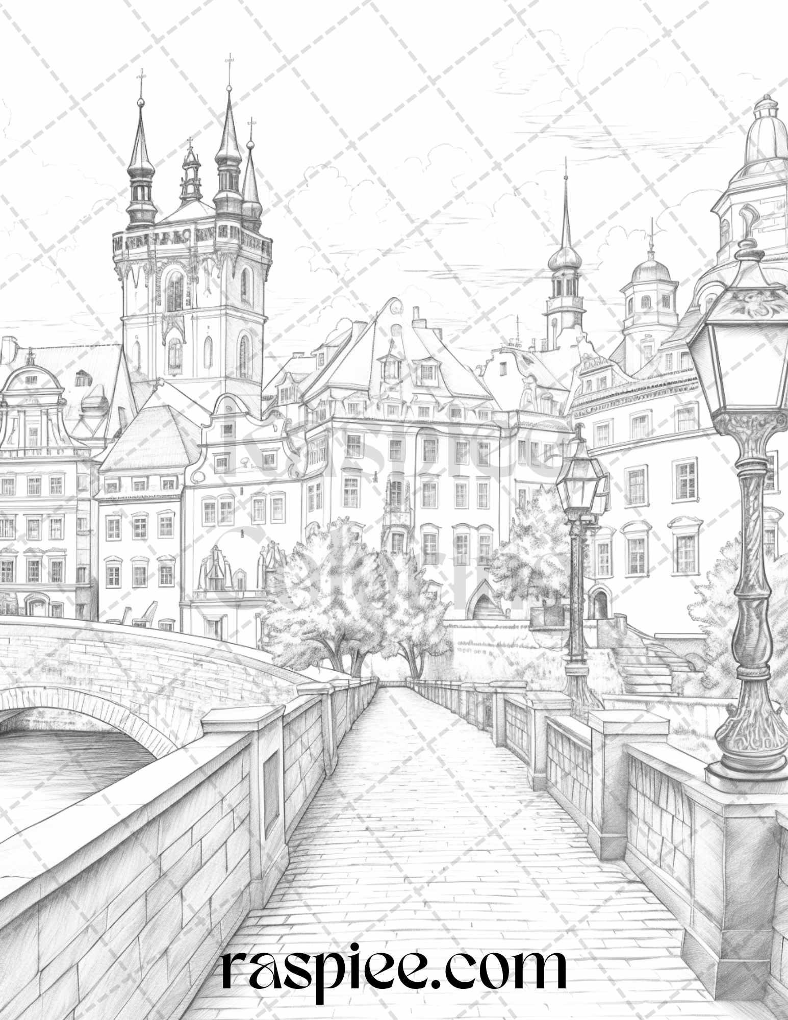 40 Beautiful Cities Travel Grayscale Coloring Pages Printable for Adults, PDF File Instant Download