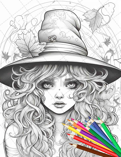 40 Cute Witches Coloring Pages Printable for Adults, Grayscale Coloring Page, PDF File Instant Download