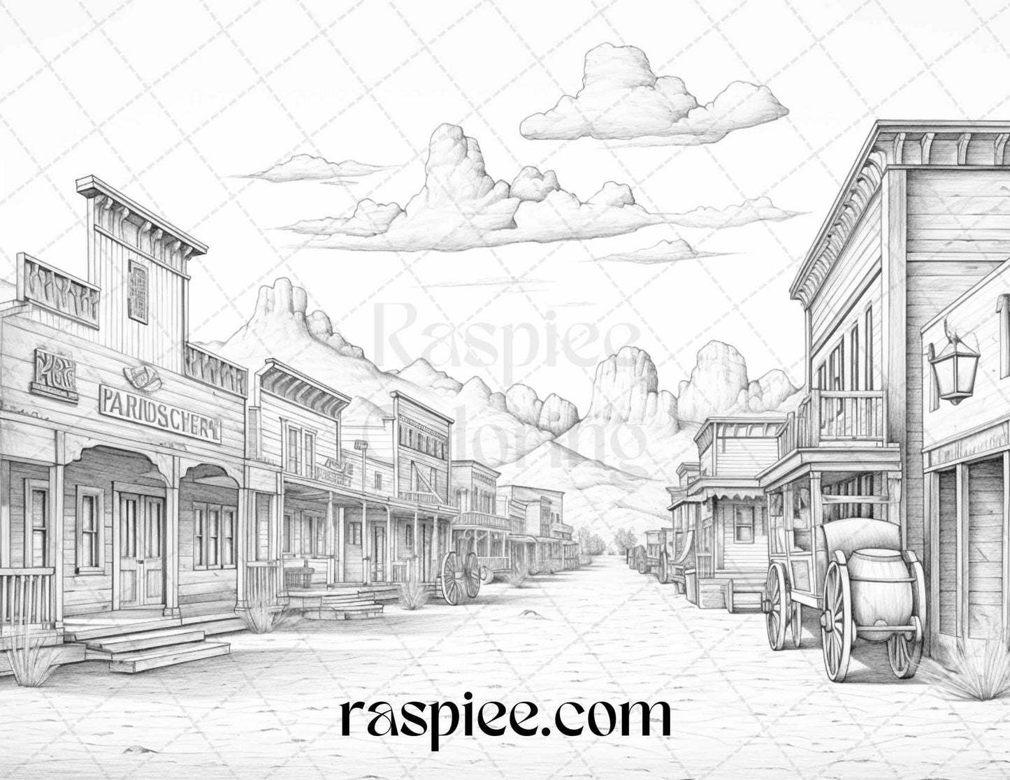 40 Wild West Towns Grayscale Coloring Pages Printable for Adults, PDF File Instant Download