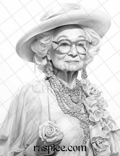 40 Fashionista Grandma Grayscale Coloring Pages Printable for Adults, PDF File Instant Download