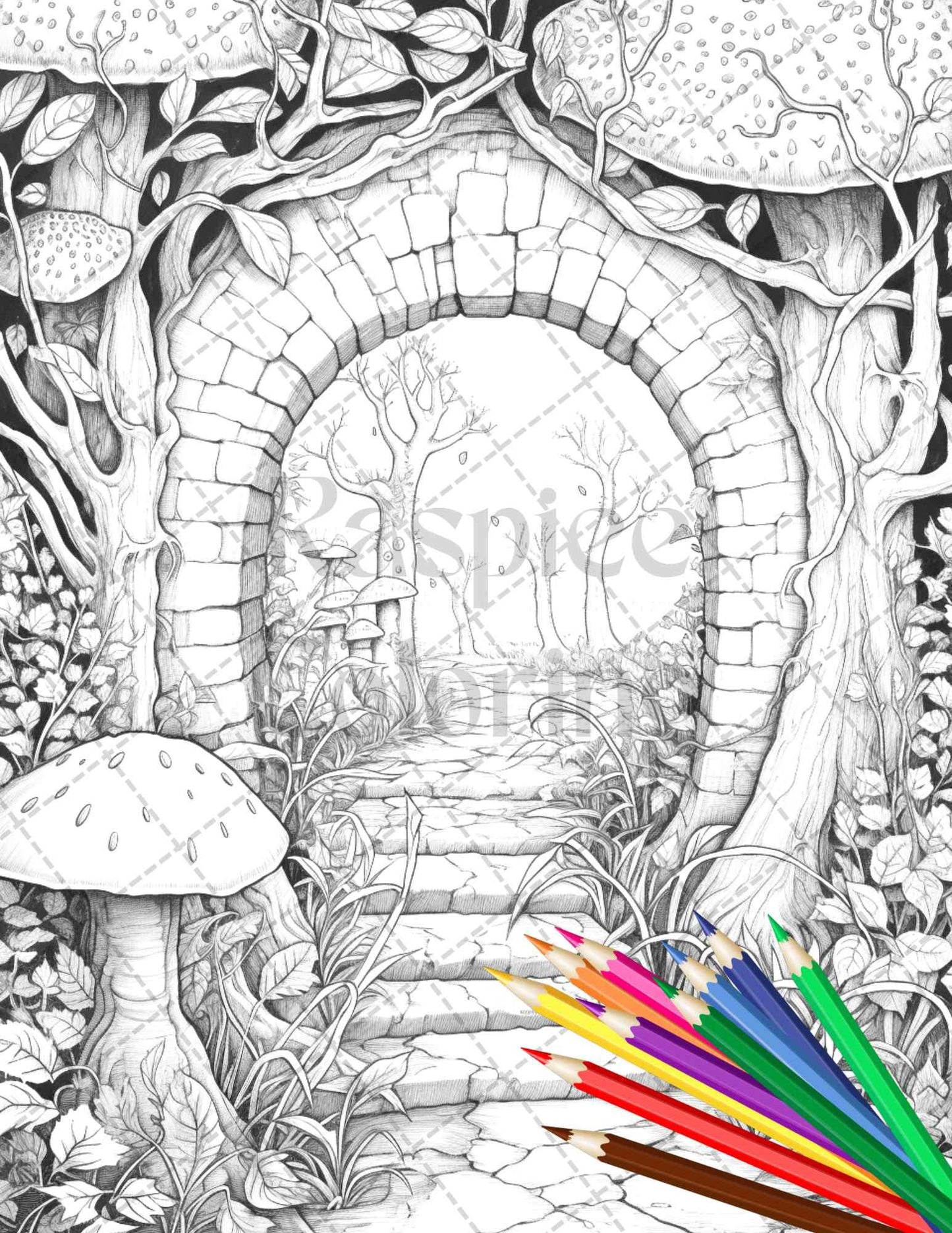 40 Magical Forest Gates Grayscale Coloring Pages Printable for Adults, PDF File Instant Download