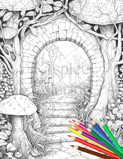 40 Magical Forest Gates Grayscale Coloring Pages Printable for Adults, PDF File Instant Download