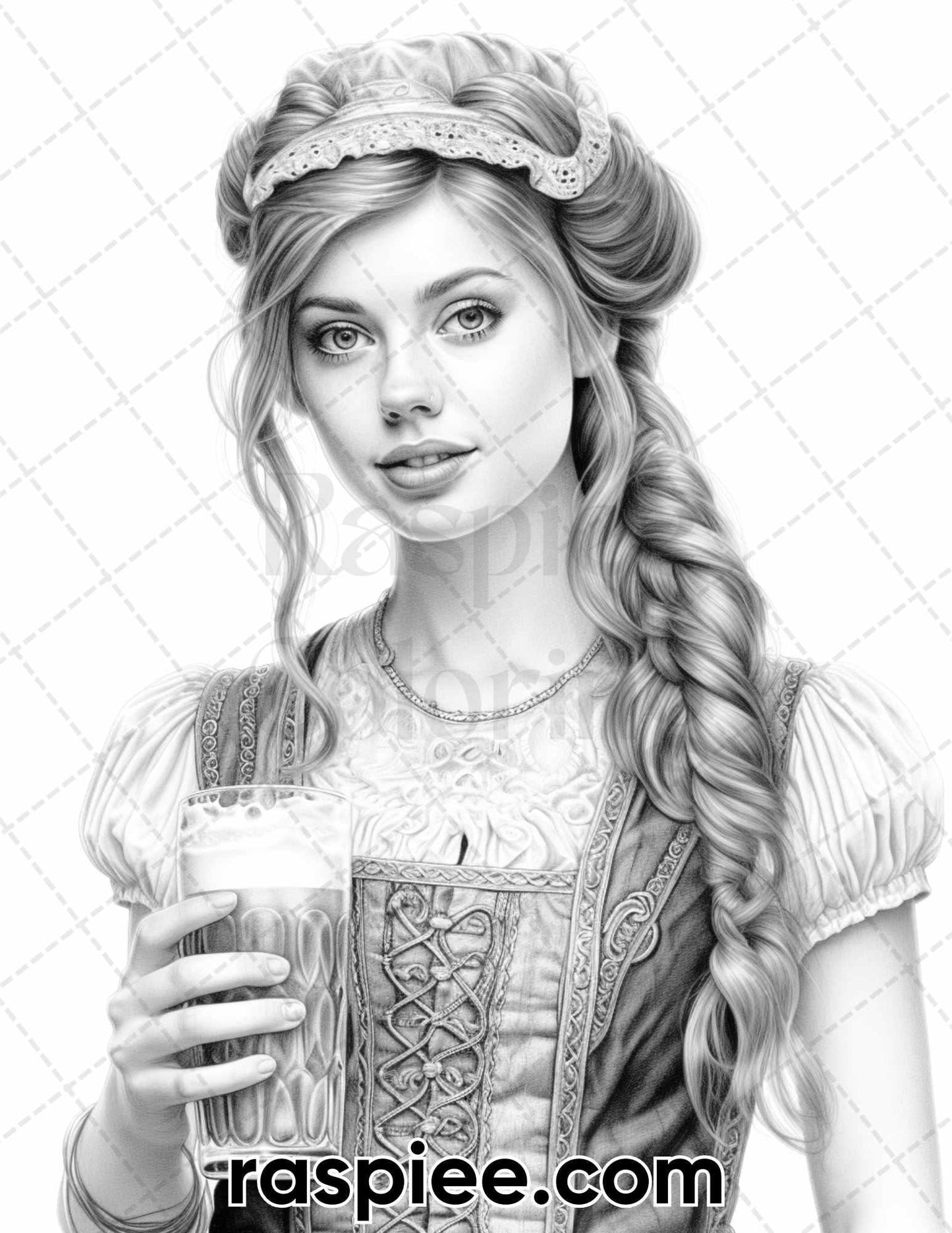 50 Oktoberfest Girls Grayscale Coloring Pages for Adults, Printable PDF Instant Download