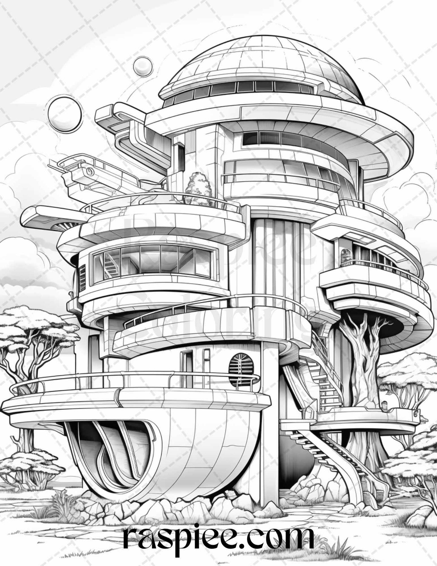 43 Futuristic Houses Grayscale Coloring Pages Printable for Adults, PDF File Instant Download