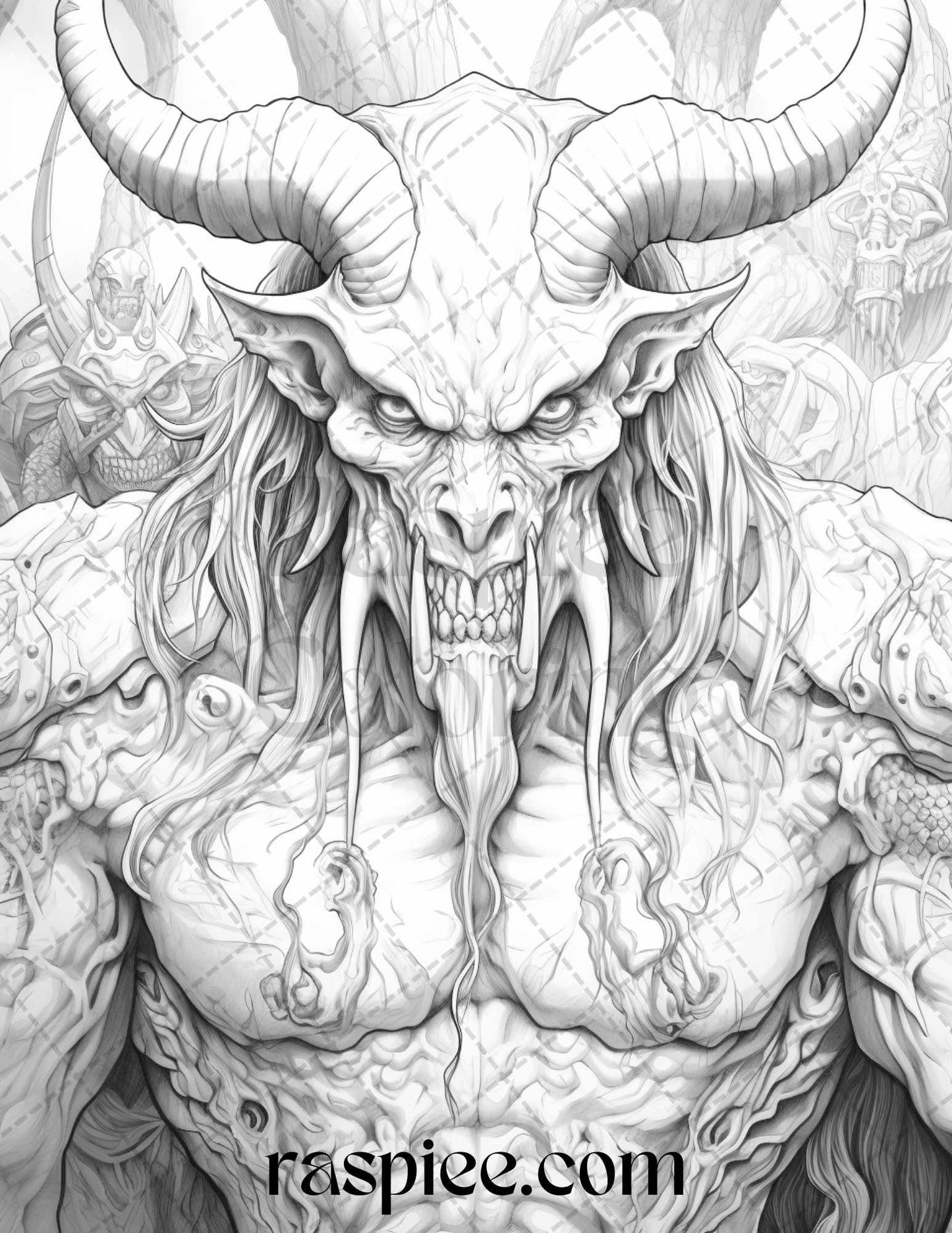 43 Fantasy Demons Grayscale Coloring Pages for Adults, Printable PDF File Instant Download