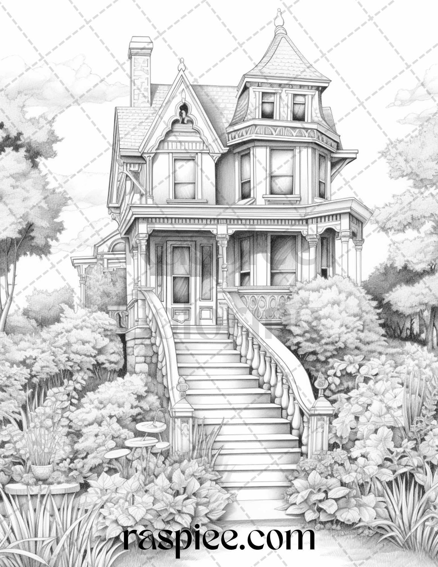 40 Victorian Houses Grayscale Coloring Pages Printable for Adults, PDF File Instant Download