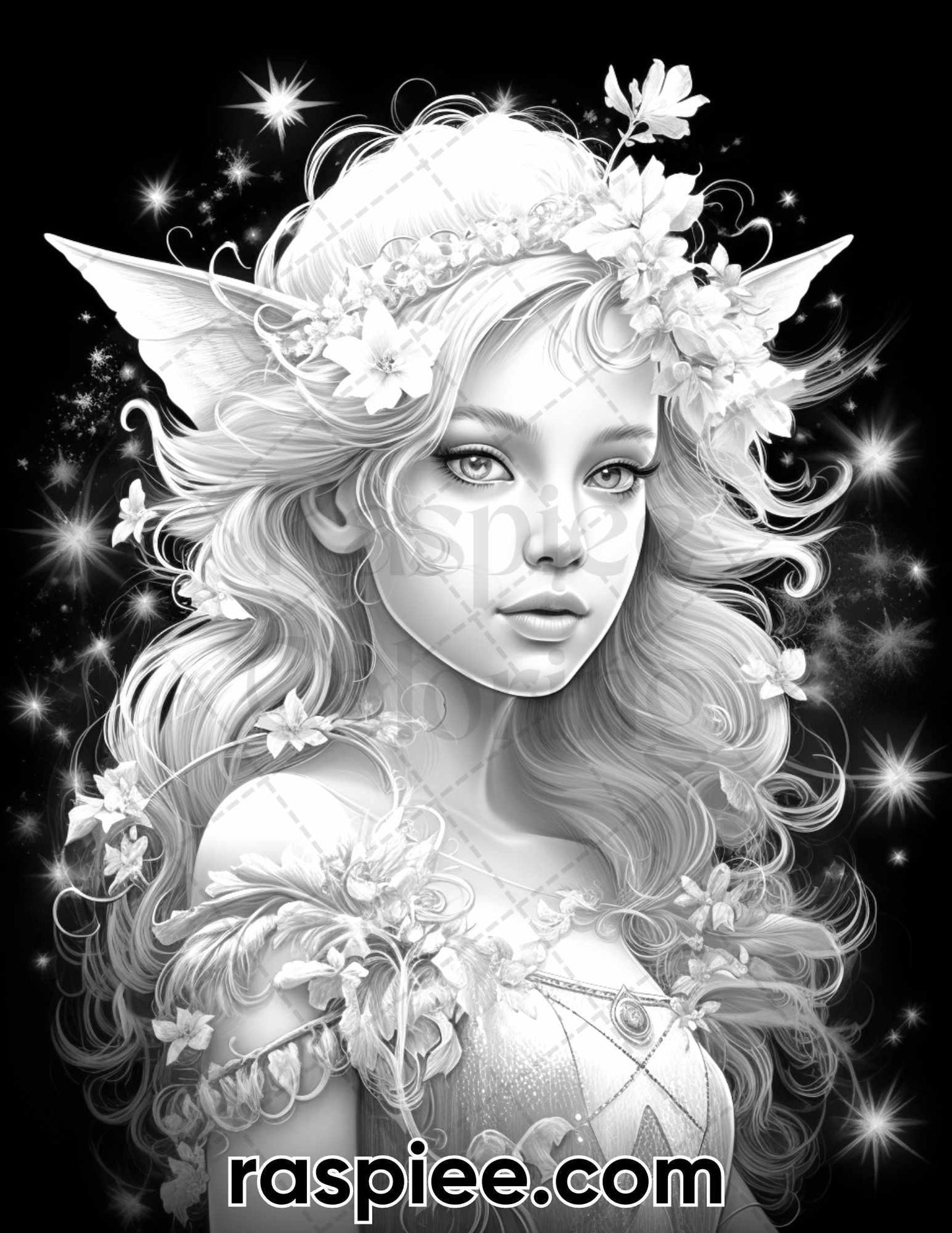 50 Starlight Fairy Grayscale Coloring Pages for Adults, Printable PDF File Instant Download