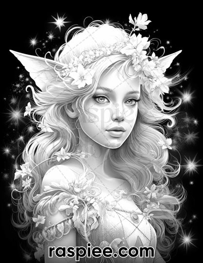 50 Starlight Fairy Grayscale Coloring Pages for Adults, Printable PDF File Instant Download