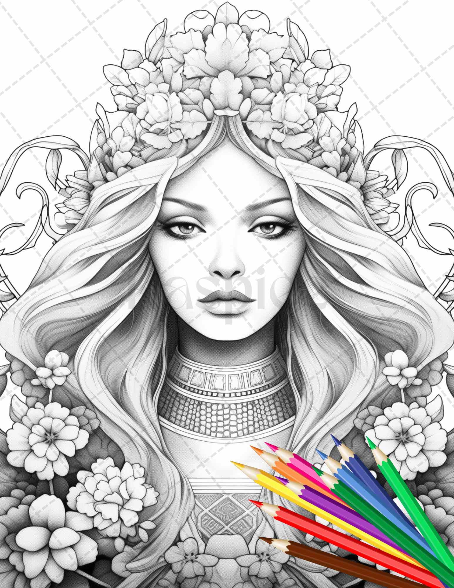 38 Flower Goddess Coloring Pages Printable for Adults, Grayscale Coloring Page, PDF File Instant Download