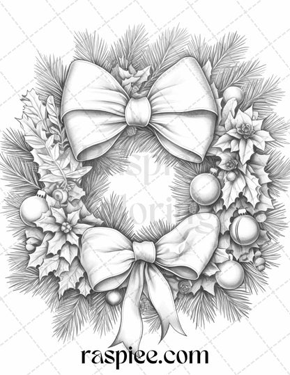 40 Christmas Wreath Grayscale Coloring Pages Printable for Adults, PDF File Instant Download