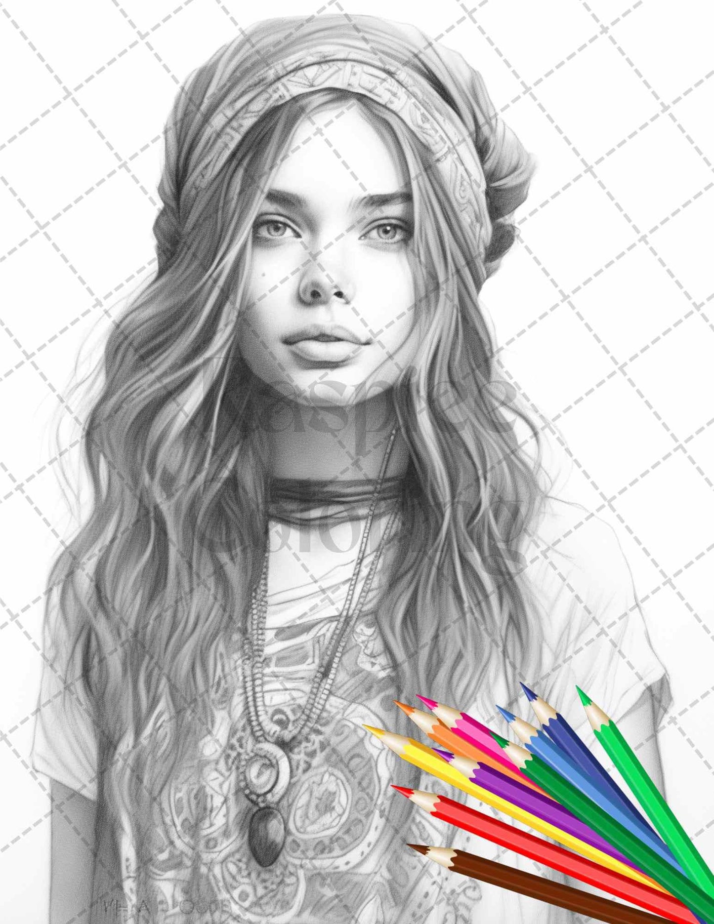 43 Beautiful Hippie Girls Grayscale Coloring Pages Printable for Adults, PDF File Instant Download