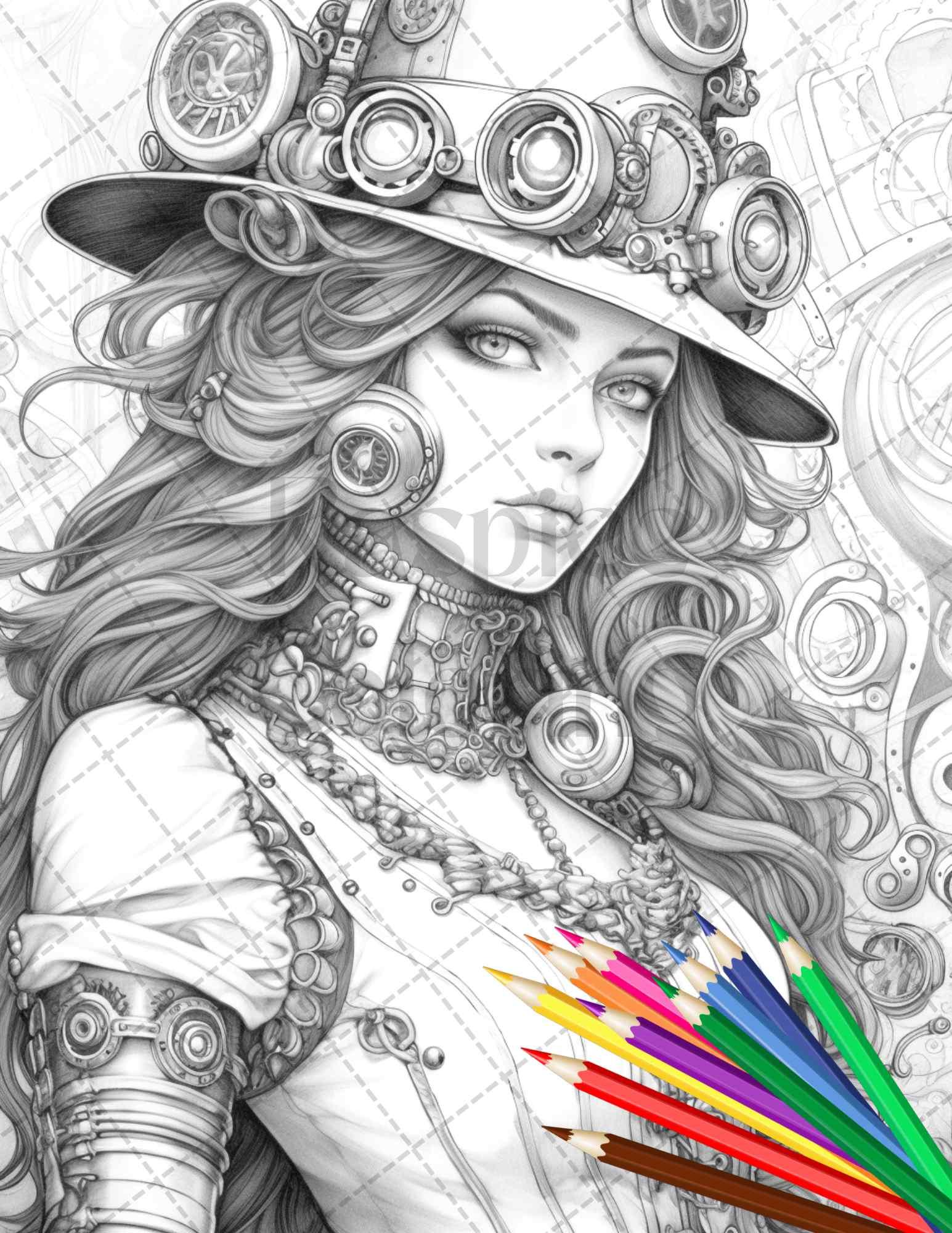 40 Steampunk Ladies Grayscale Coloring Pages Printable for Adults, PDF File Instant Download