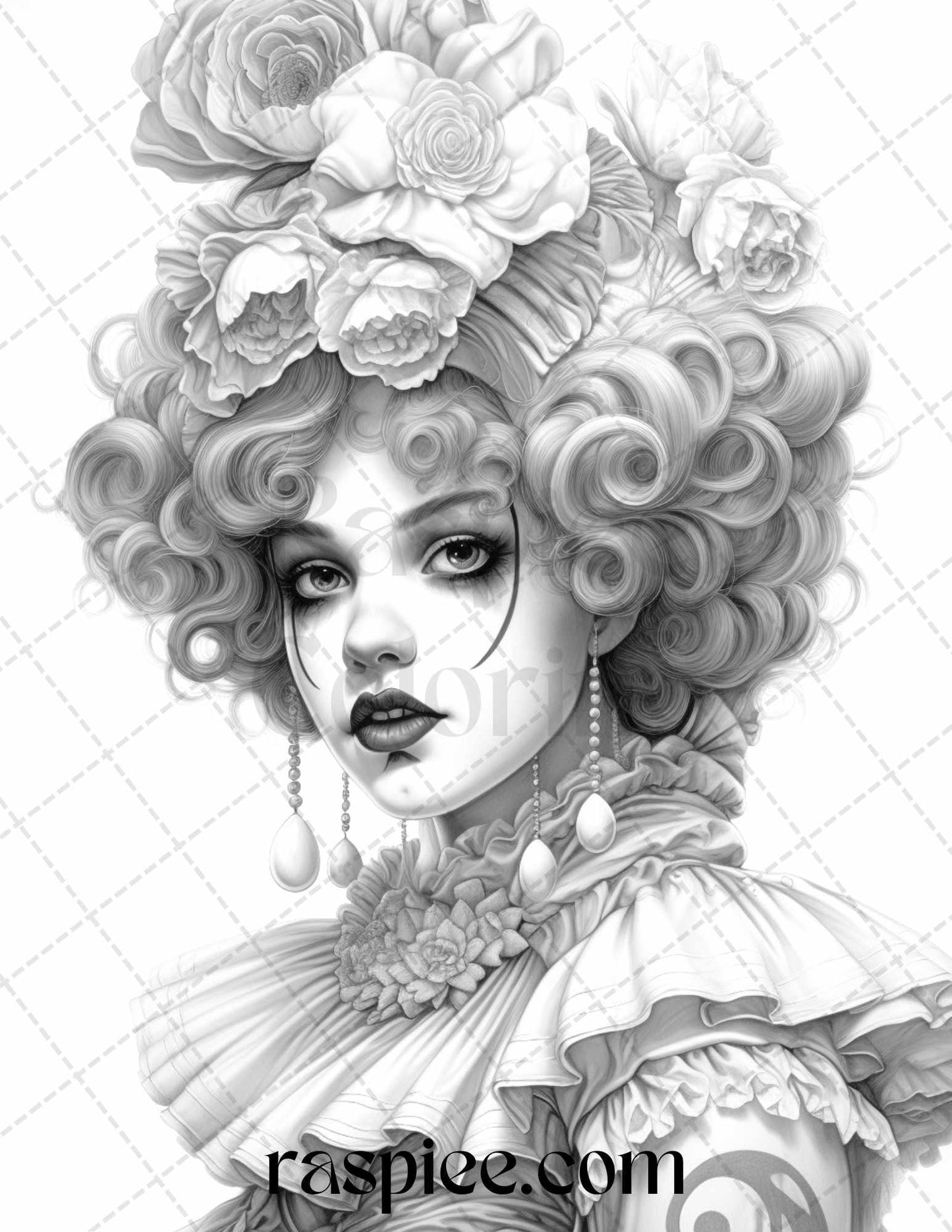 42 Beautiful Clown Girls Grayscale Coloring Pages Printable for Adults, PDF File Instant Download