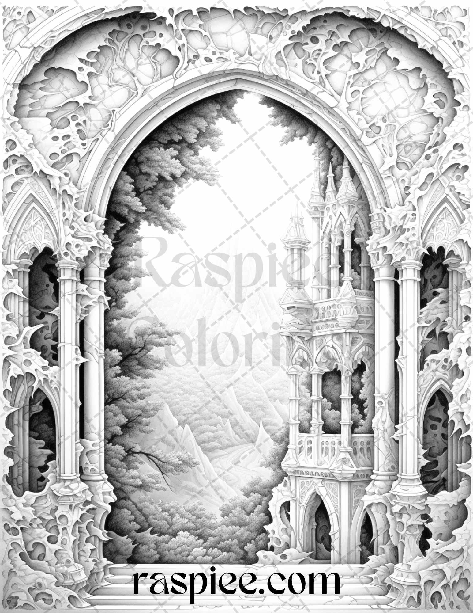 40 Window to Fantasy Worlds Grayscale Coloring Pages Printable for Adults, PDF File Instant Download