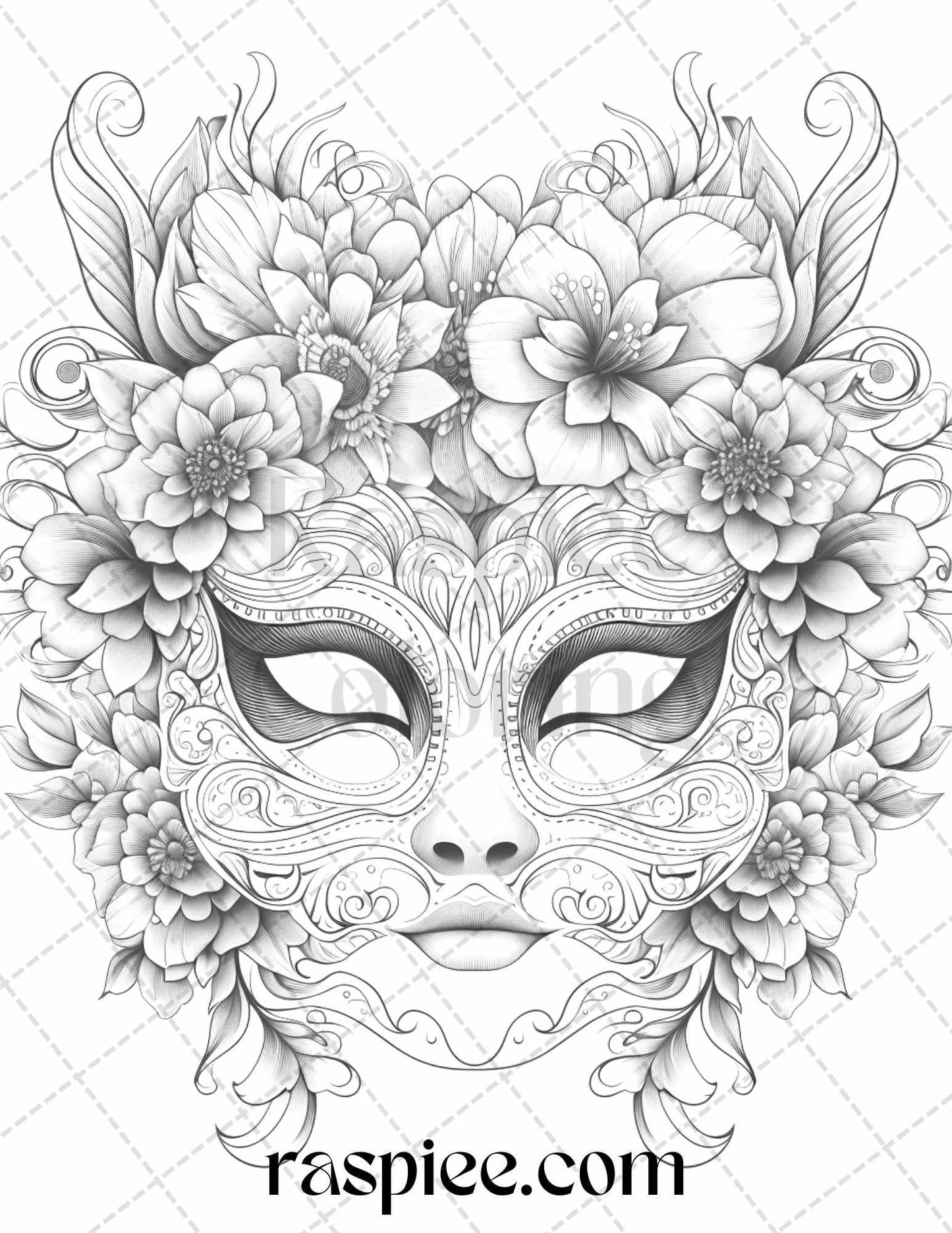 40 Masquerade Masks Grayscale Coloring Pages Printable for Adults, PDF File Instant Download