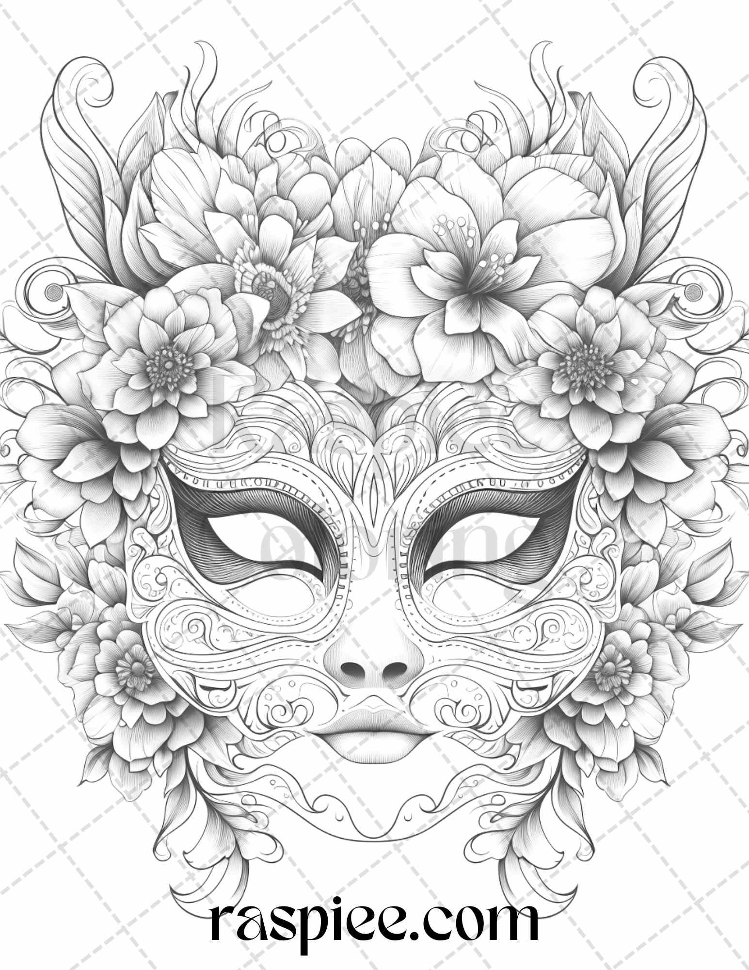 40 Masquerade Masks Grayscale Coloring Pages Printable for Adults, PDF File Instant Download