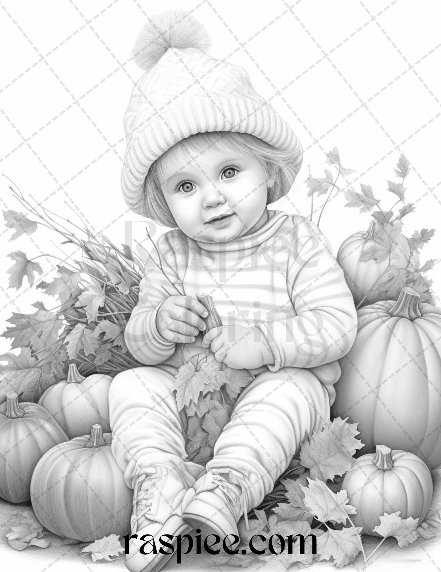 40 Pumpkin Babies Grayscale Coloring Pages for Adults and Kids, Printable PDF File Instant Download