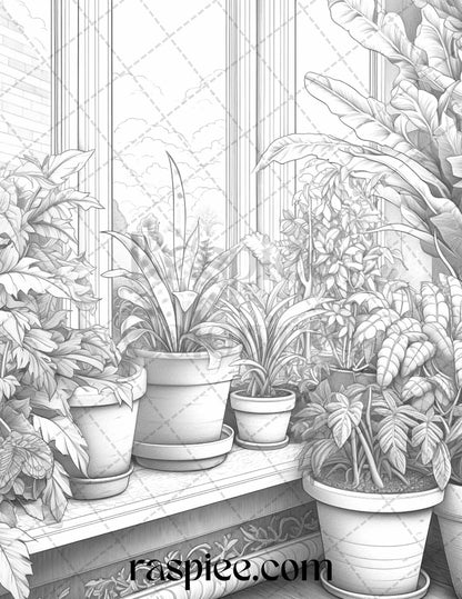 40 Window Plants Grayscale Coloring Pages Printable for Adults, PDF File Instant Download