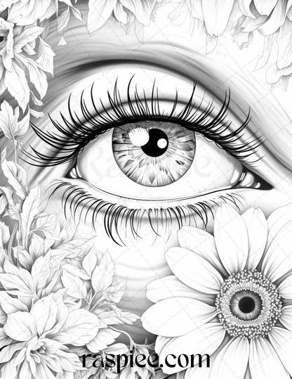 40 Charming Eyes Grayscale Coloring Pages Printable for Adults, PDF File Instant Download