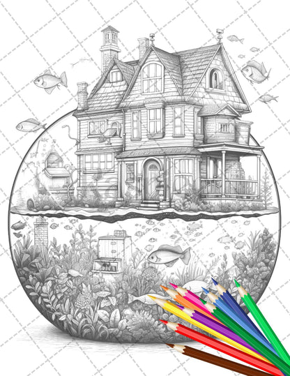 34 Fishtank Houses Coloring Book for Adults, Grayscale Coloring Page, Printable PDF Instant Download