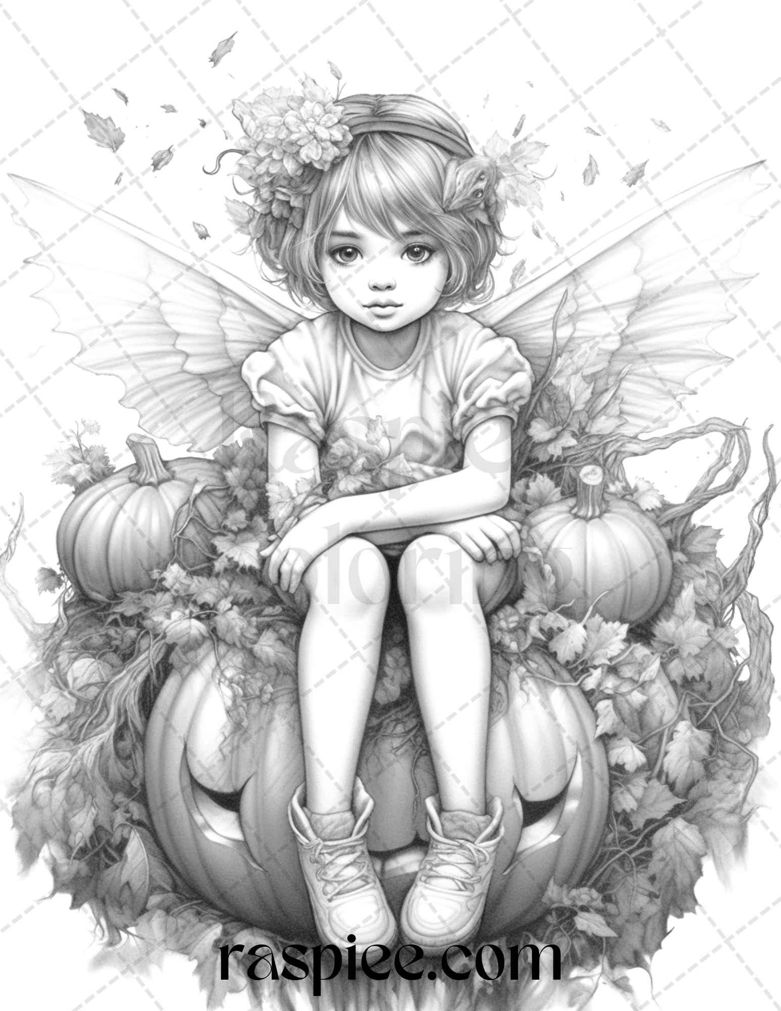 40 Pumpkin Fairy Girls Grayscale Coloring Pages Printable for Adults, PDF File Instant Download