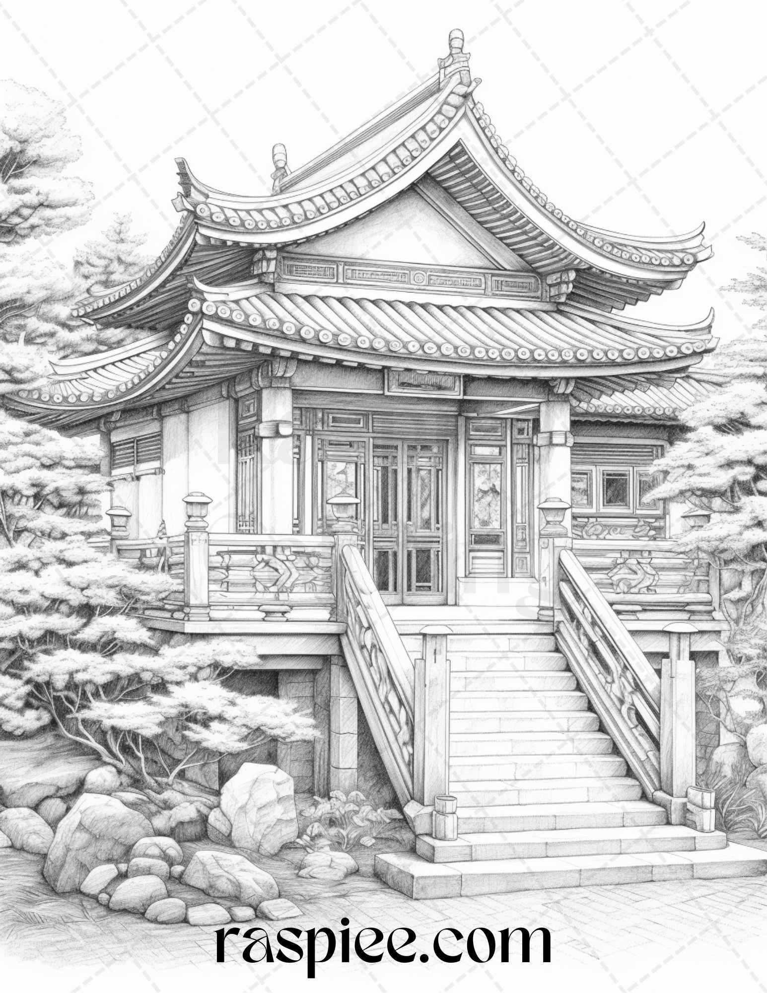 40 Traditional Chinese Houses Grayscale Coloring Pages Printable for Adults, PDF File Instant Download