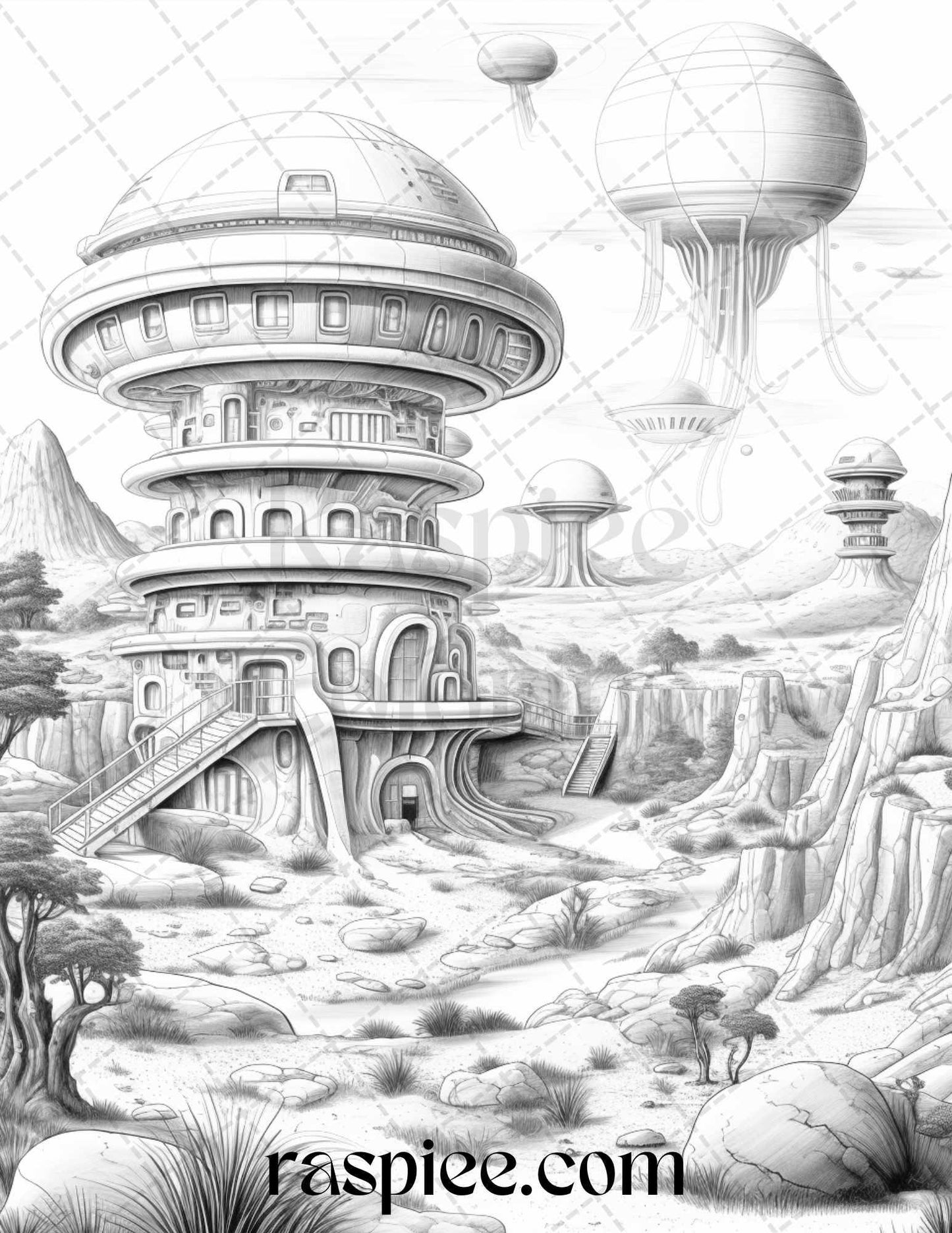 40 Alien Houses Grayscale Coloring Pages for Adults, Printable PDF File Instant Download