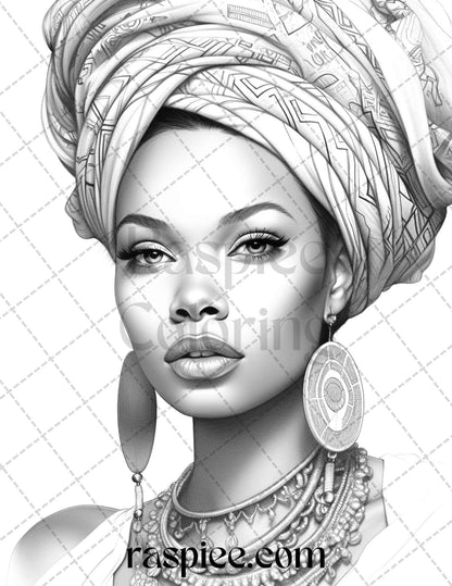 40 Beautiful African Women Grayscale Coloring Pages Printable for Adults, PDF File Instant Download