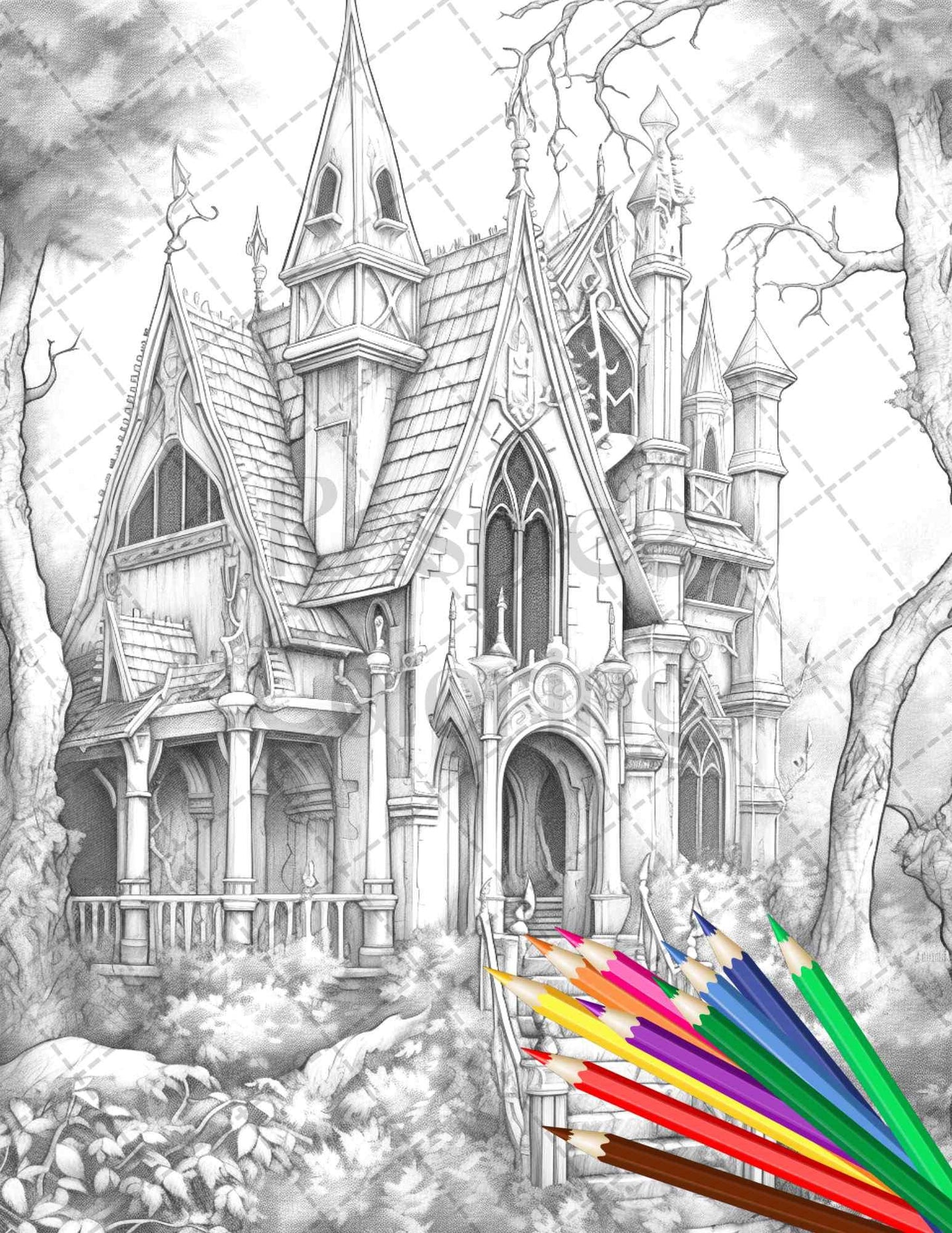 40 Creepy Gothic Houses Grayscale Coloring Pages Printable for Adults, PDF File Instant Download