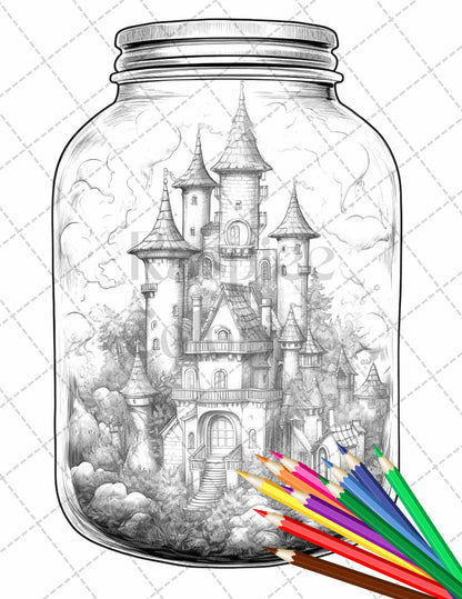 42 Fantasy Castle In Jar Grayscale Coloring Pages Printable for Adults, PDF File Instant Download