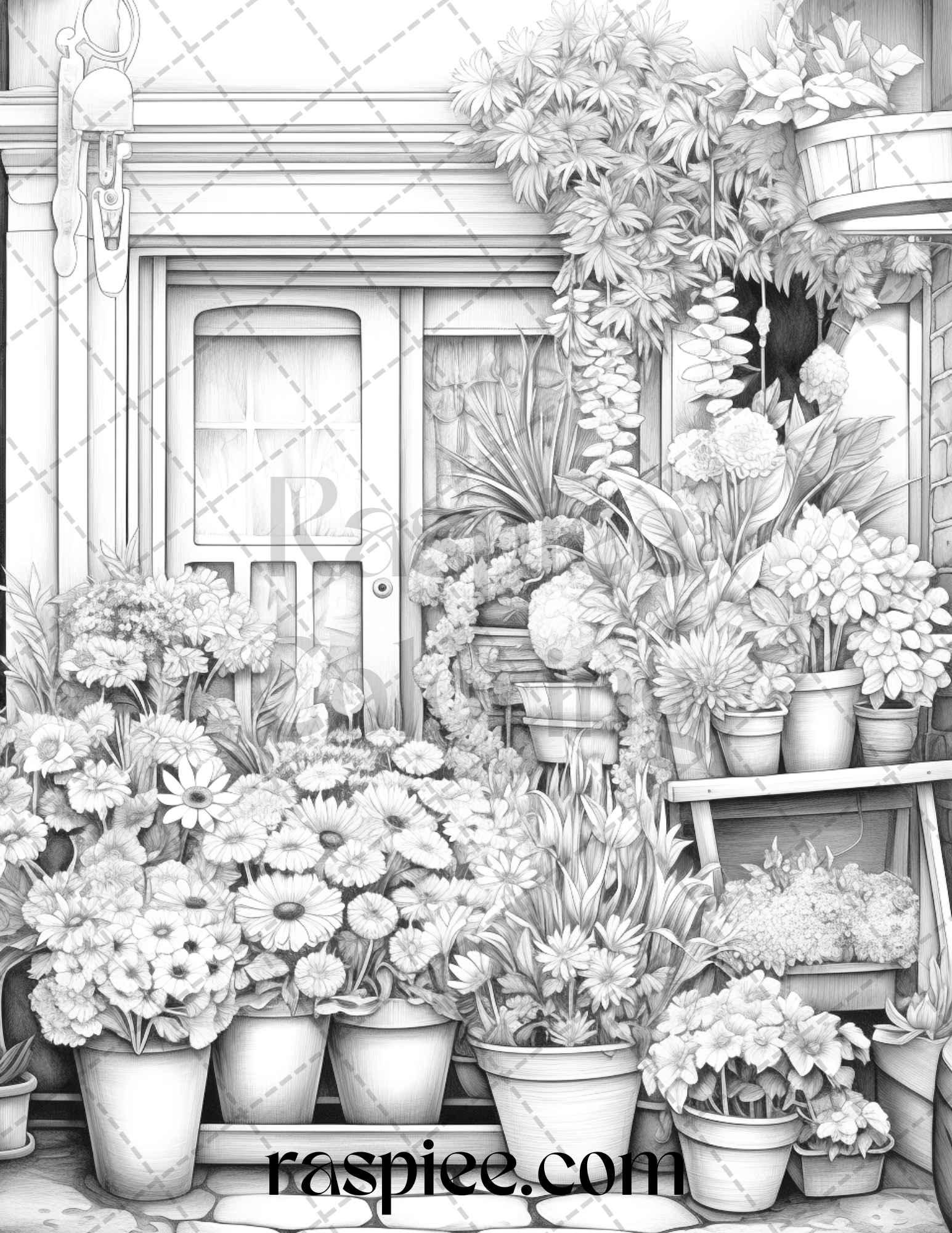 45 Flower Store Front Grayscale Coloring Pages Printable for Adults, PDF File Instant Download