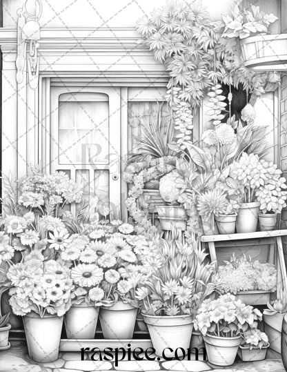 45 Flower Store Front Grayscale Coloring Pages Printable for Adults, PDF File Instant Download