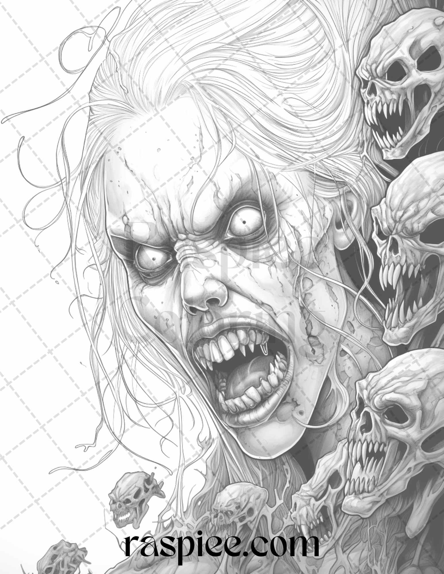 40 Scary Zombie Girls Grayscale Coloring Pages Printable for Adults, PDF File Instant Download