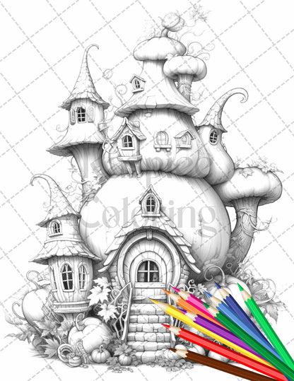 40 Pumpkin Fairy Houses Grayscale Coloring Pages Printable for Adults, PDF File Instant Download