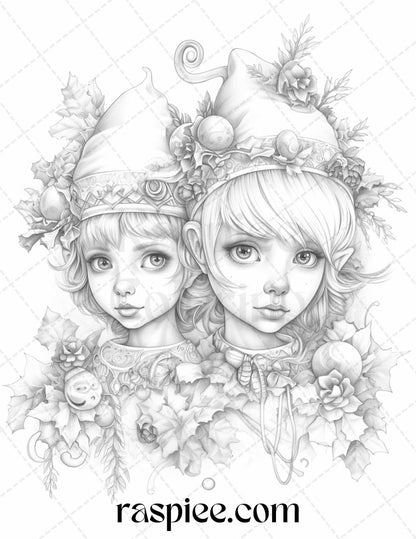 110 Christmas Elves Grayscale Coloring Pages Printable for Adults Kids, PDF File Instant Download