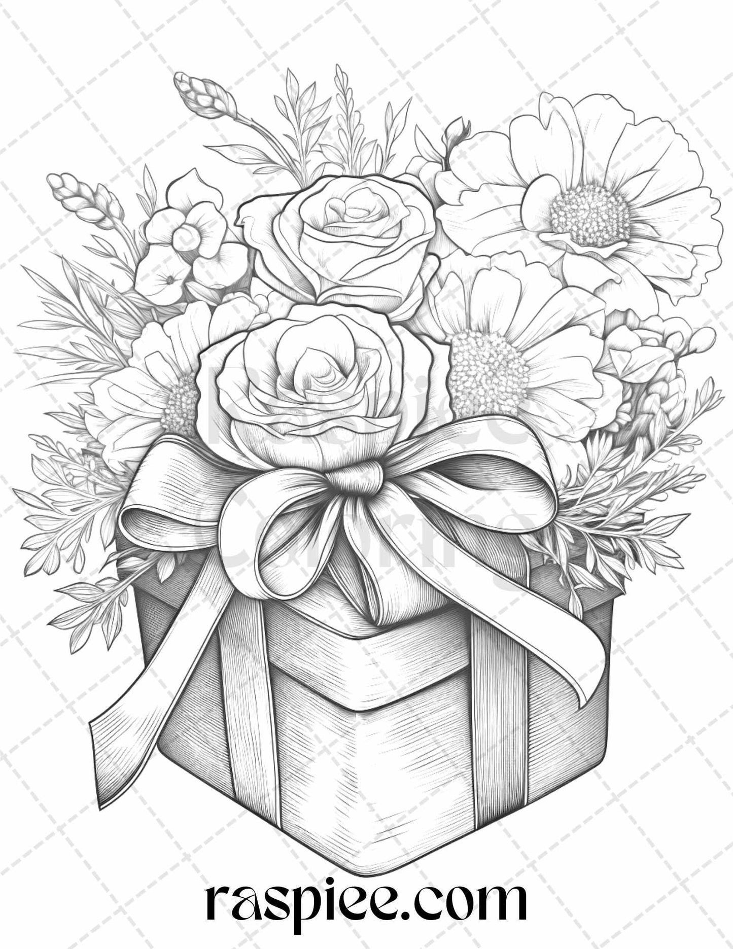 40 Flower Gift Box Grayscale Coloring Pages Printable for Adults Kids, PDF File Instant Download