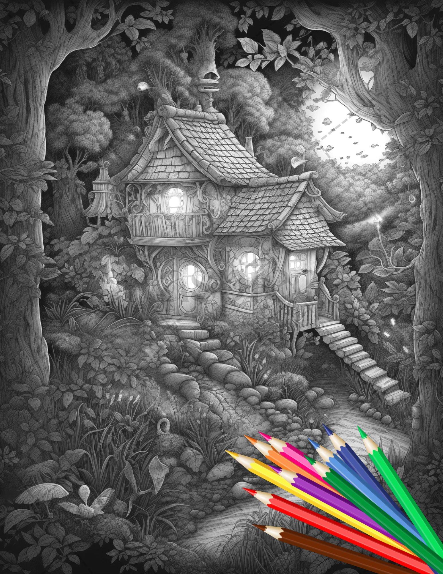 30 Fantasy Fairy Houses Coloring Page Book, Printable Adult Coloring Pages, Enchanted Fairy Home Grayscale Coloring Book, Printable PDF File