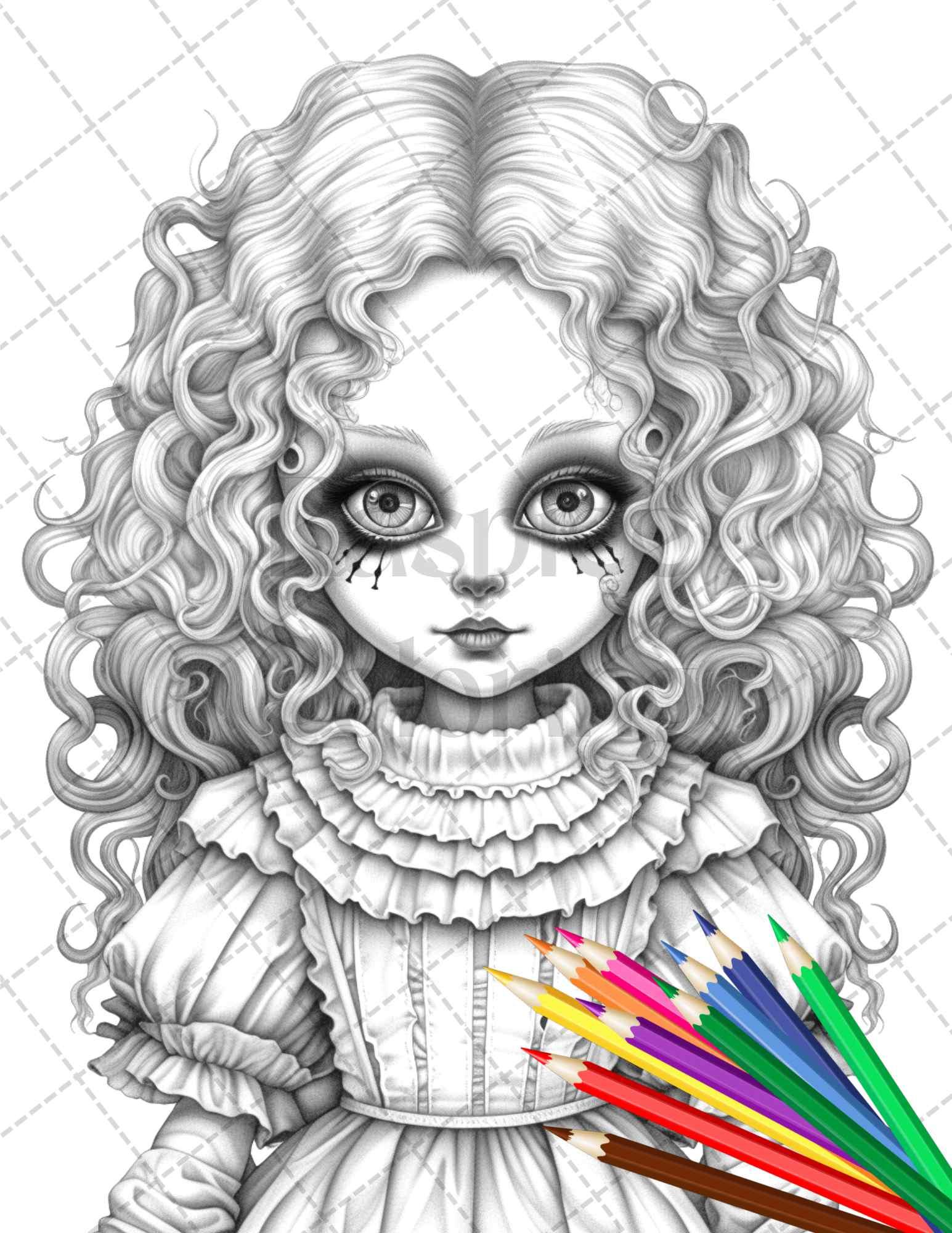 40 Creepy Porcelain Dolls Grayscale Coloring Pages for Adults, PDF File Instant Download