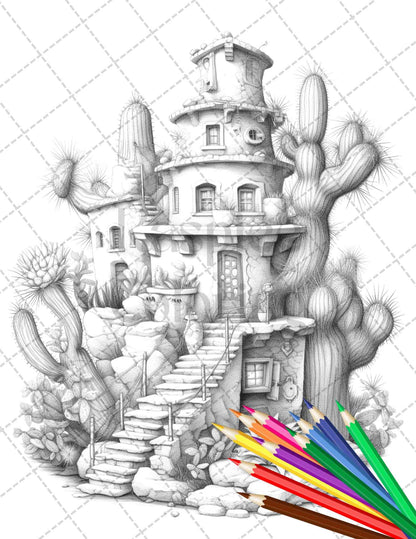 46 Fantasy Cactus Houses Grayscale Coloring Pages Printable for Adults, PDF File Instant Download