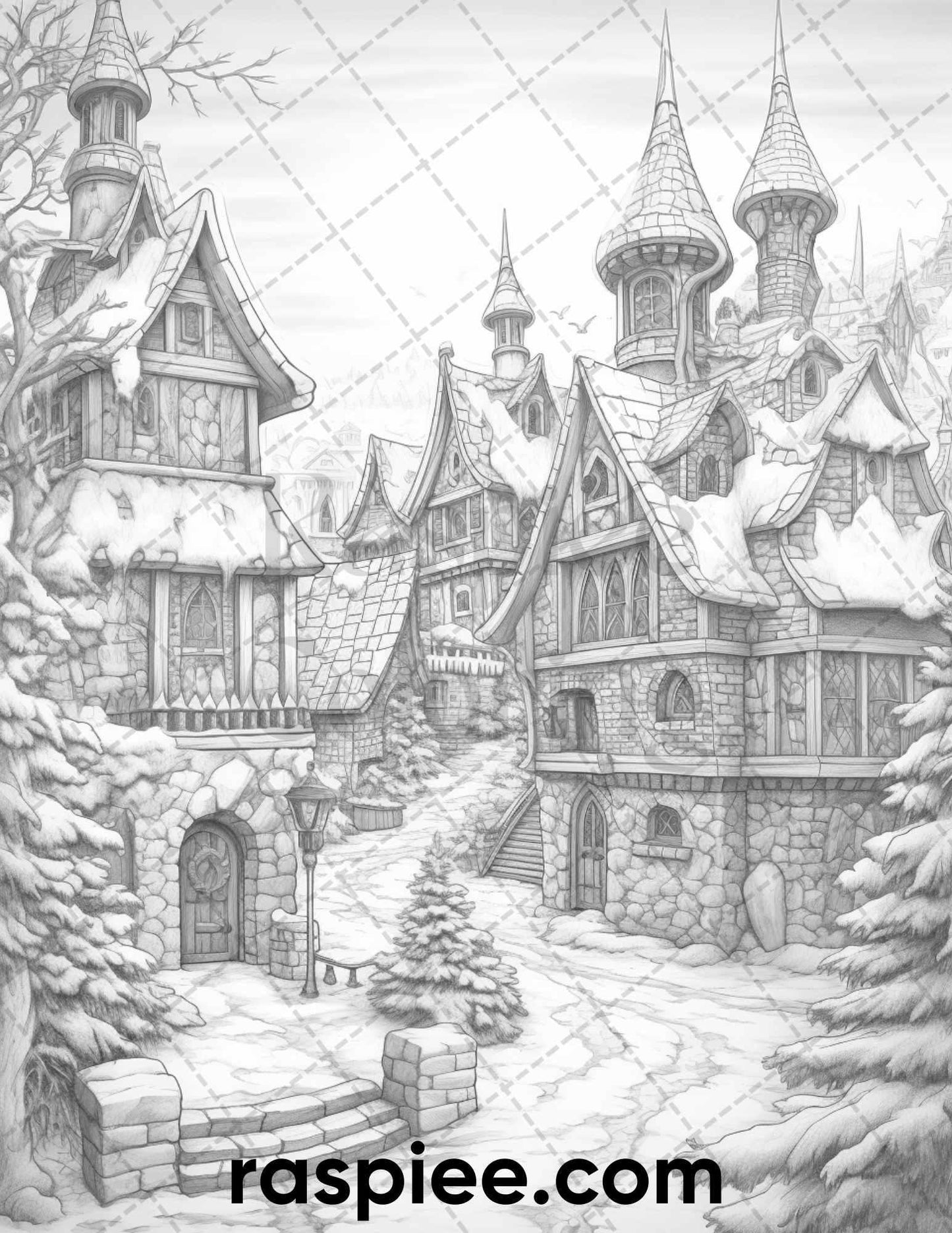 40 Fantasy Winter Village Grayscale Coloring Pages for Adults, PDF File Instant Download