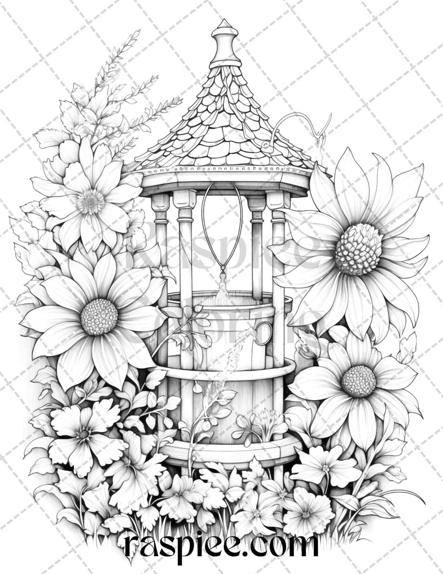 40 Whimsical Wishing Wells Grayscale Coloring Pages Printable for Adults, PDF File Instant Download