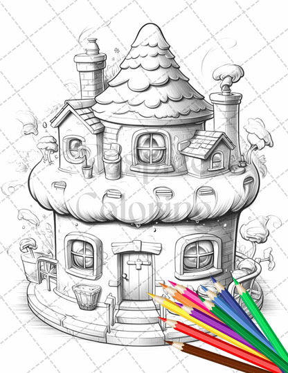 50 Adorable Cake Houses Grayscale Coloring Pages Printable for Adults and Kids, PDF File Instant Download