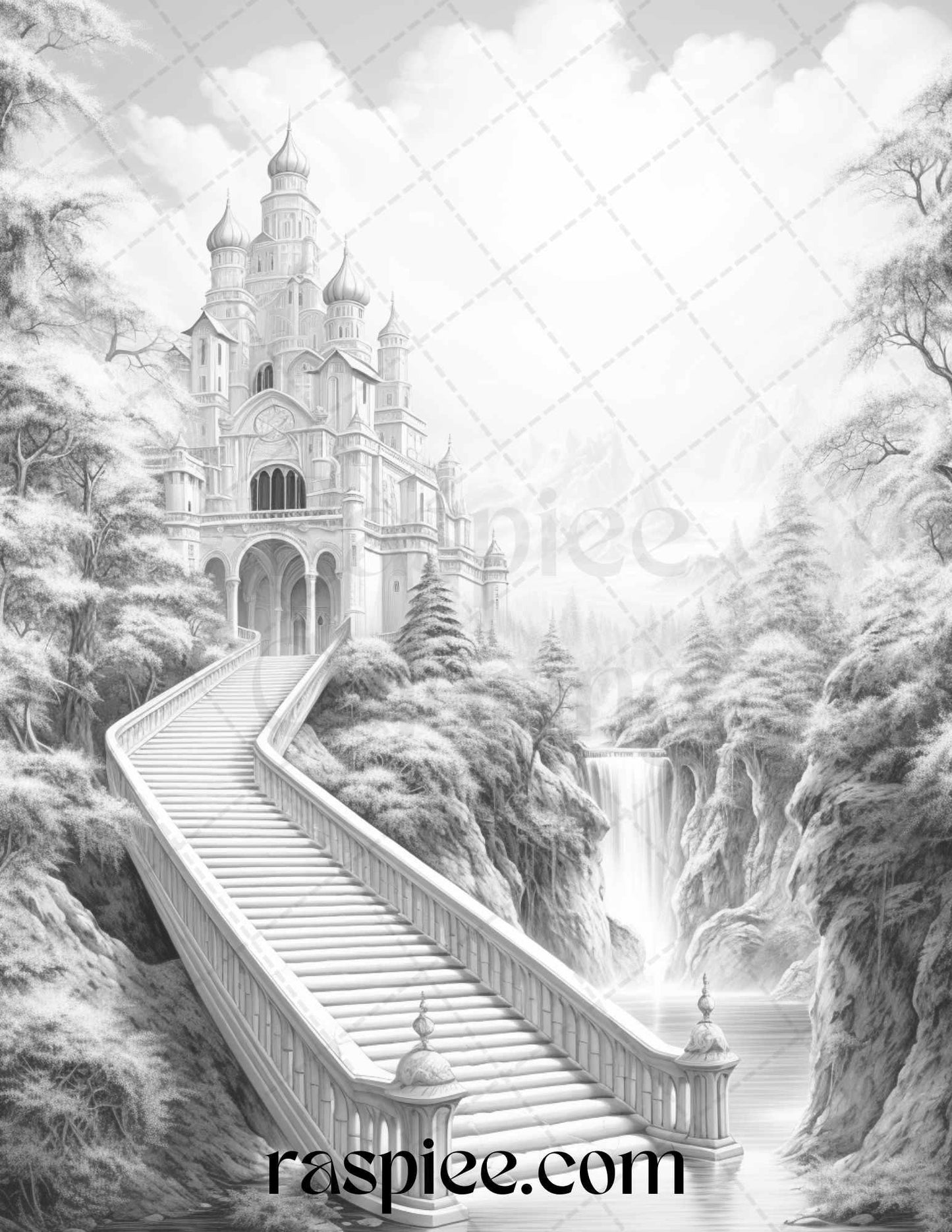 40 Fantasy Landscapes Grayscale Coloring Pages Printable for Adults, PDF File Instant Download