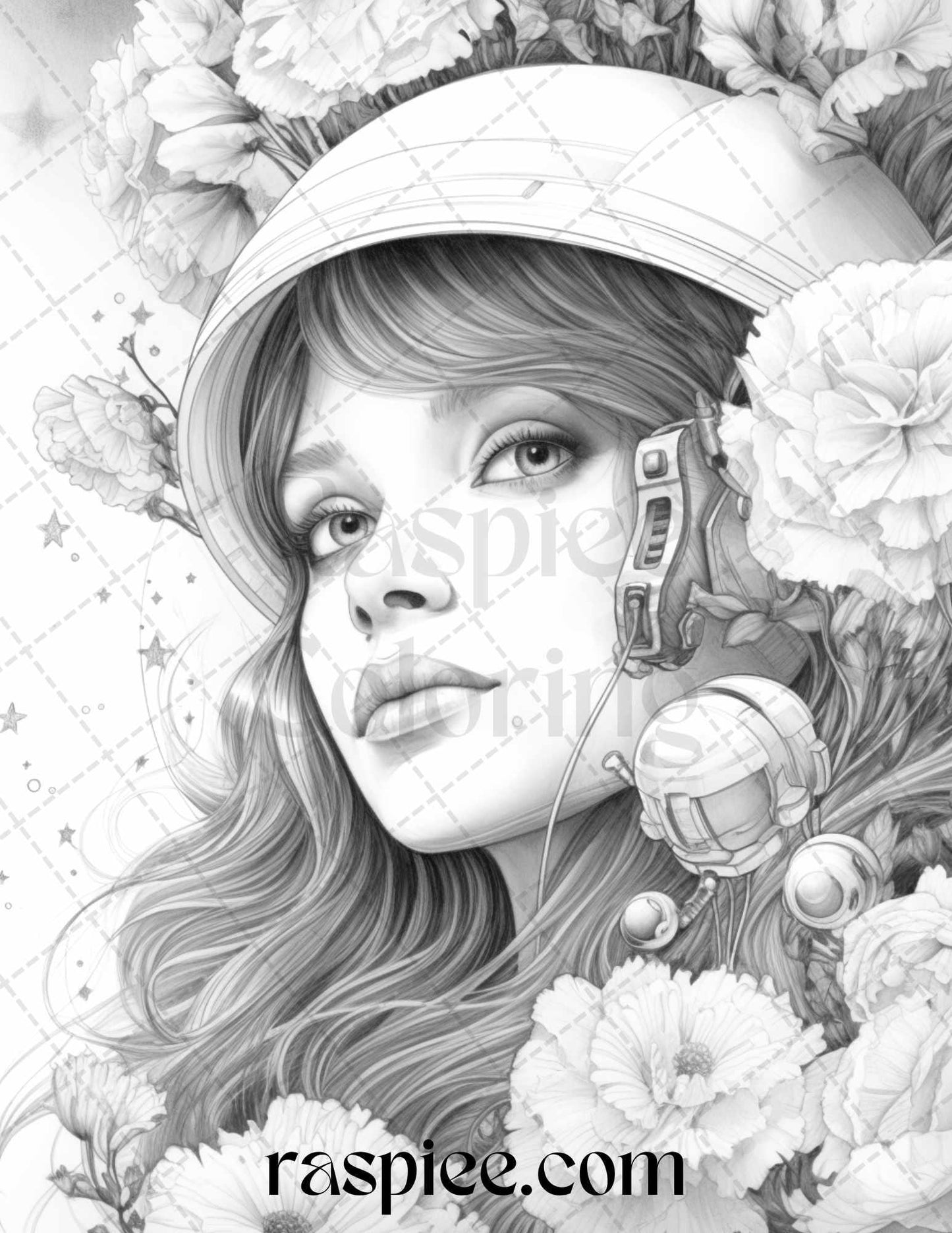 50 Astronaut Girl Portrait Grayscale Coloring Pages Printable for Adults, PDF File Instant Download