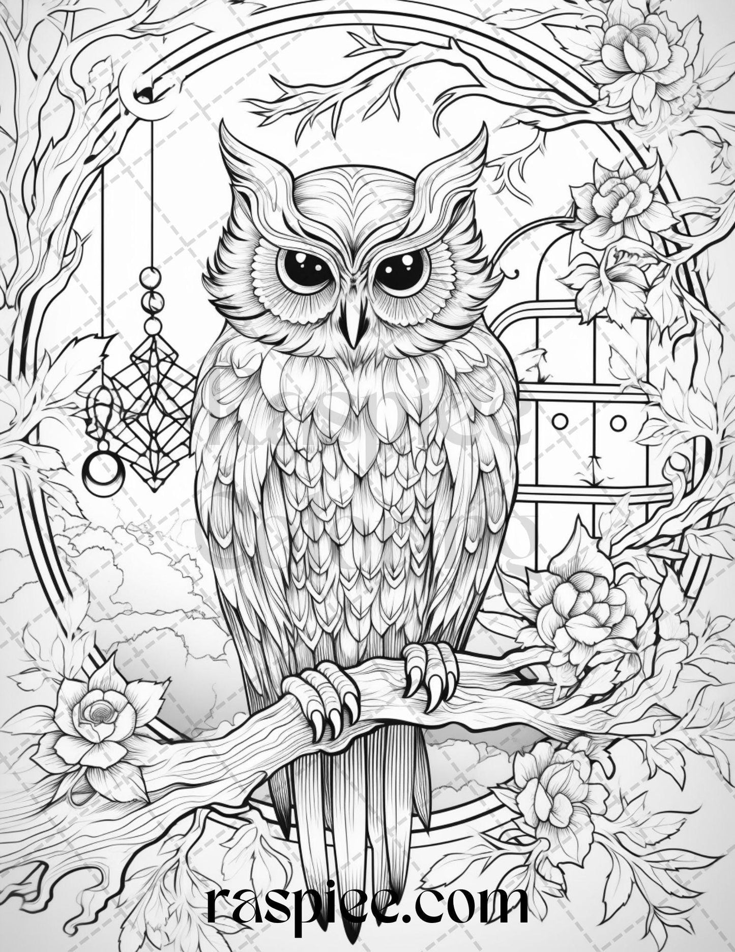 40 Floral Owl Grayscale Printable Coloring Pages for Adults, PDF File Instant Download