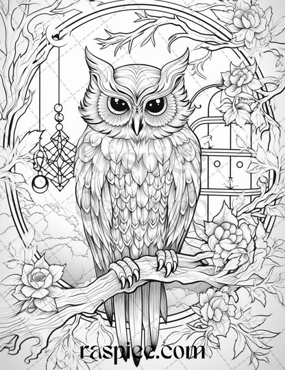 40 Floral Owl Grayscale Printable Coloring Pages for Adults, PDF File Instant Download